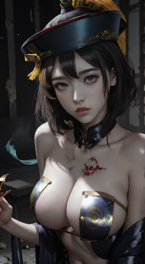 RAW, masterpiece, super fine photo, best quality, super high resolution, realistic, moonlight, night, a beauty, short hair, delicate facial features, perfect face, big breasts, huge breasts, cleavage, yellow rune paper pasted on the face, a lot of Taoist r...