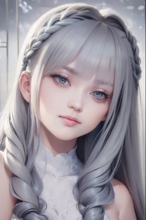 (high-resolution:1.2), (best quality, ultra-detailed, photorealistic:1.37), (portrait, traditional portrait), (gray hair, blue hair), (shimmering golden eyes), (flowing white attire), (gazing at the sky), (upper body or full body), (hair flowing like a wat...