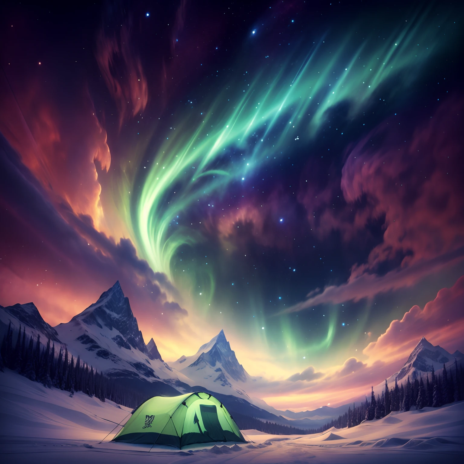 Na noite escura da Antártida, Uma aurora verde apareceu no céu, Barracas de acampamento amarelas, 8k HD de alta definição detalhado realista,detalhado,textura da pele,ultra-detalhado,textura de pele realista,armadura,melhor qualidade,resolução ultra-alta,Alta resolução,detalhado,Foto CRU,afiado,cores ricas, Texturas realistas ultra-realistas, iluminação dramática, Foi um sucesso no ArtStation Cinestill 800 da Unreal Engine,