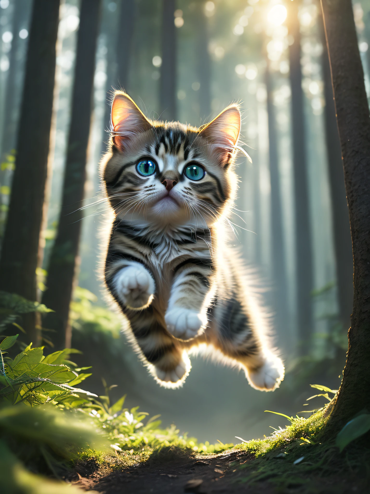 숲 속에서 아주 귀여운 점프하는 새끼 고양이의 클로즈업, 부드러운 체적 조명, (백라이트:1.3), (영화:1.2), 복잡하고 상세한, (아트스테이션:1.3), 루트코프스키