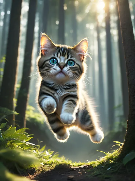 Close-up of a very cute jumping kitten in the forest, Soft volumetric light, (backlit:1.3), (motion picture:1.2), intricate deta...