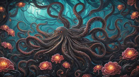 a painting of an octopus surrounded by flowers, mix of venom and cthulhu, tentacled creature mix, photo of cthulhu, cthulhu, cthulhu squid, lovecraft illustration, lovecraftian background, detailed 4k horror artwork, lovecraft art, lovecraft horror, dan mu...