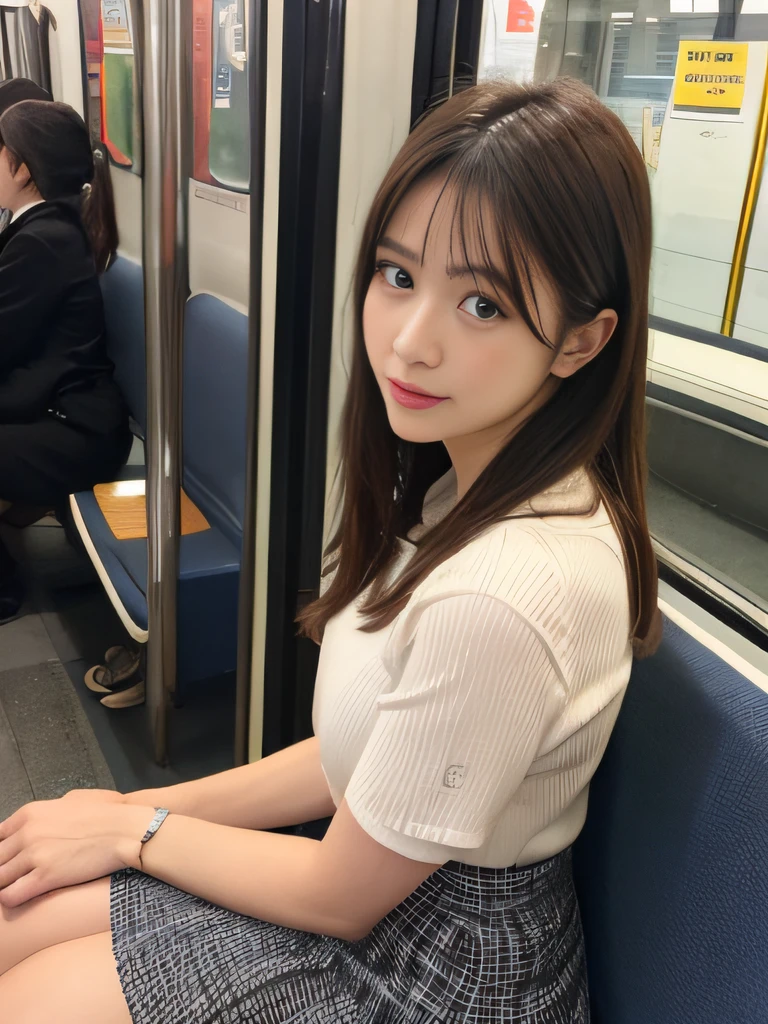 Araffe asian woman sitting on a subway train with her legs crossed - SeaArt  AI