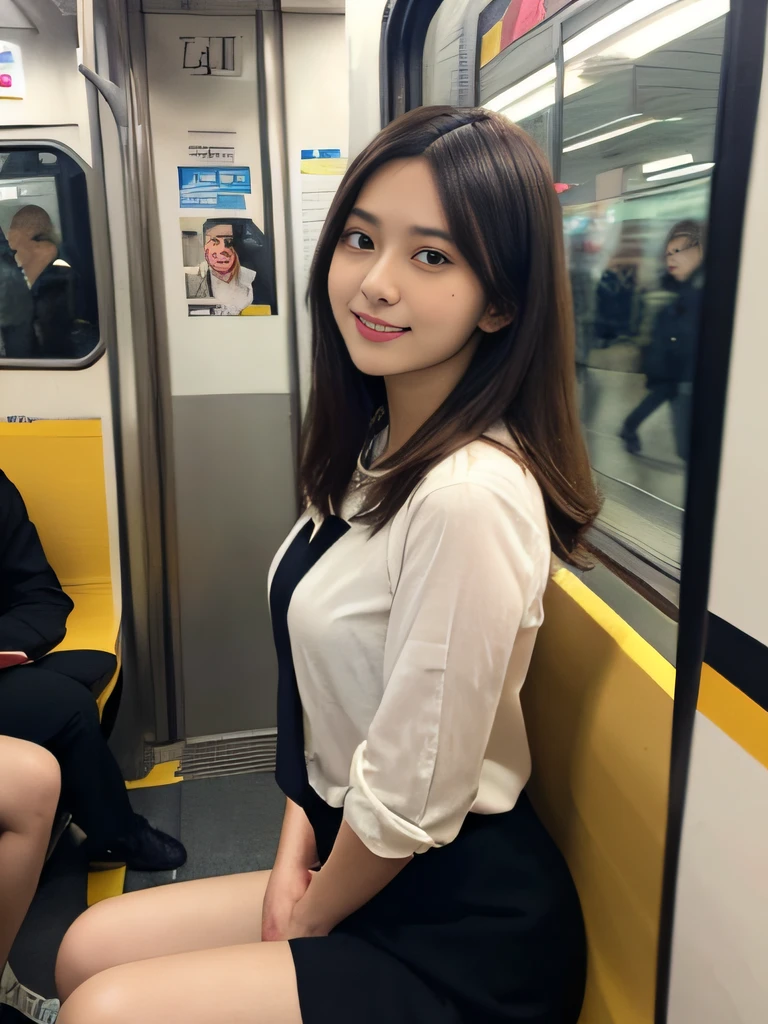 Araffe asian woman sitting on a subway train with her legs crossed - SeaArt  AI