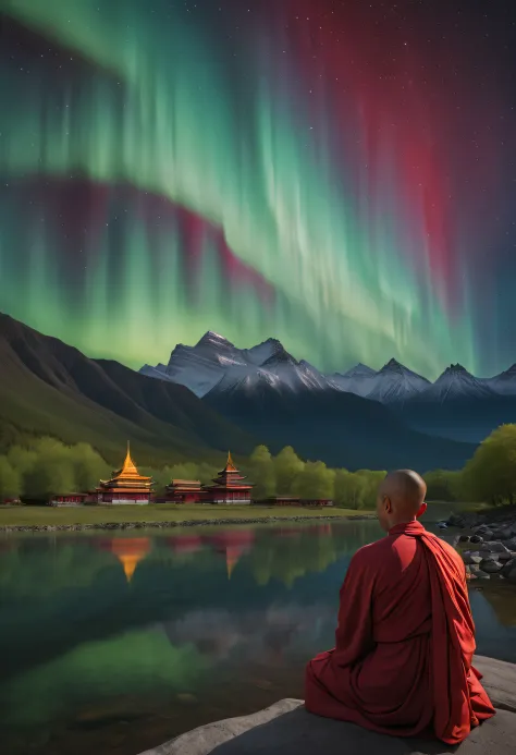 In a serene valley, an ancient temple is surrounded by a magnificent and colorful aurora. The light of the aurora penetrates the...