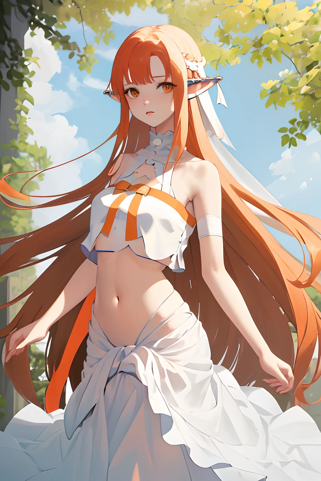 masterpiece, best quality, white dress, crop top, white fabric armlet, detached sleeves, (bare arms:1.1), navel, midriff, bare shoulders, red ribbon, pointy ears, ear cover, orange hair, brown eyes,