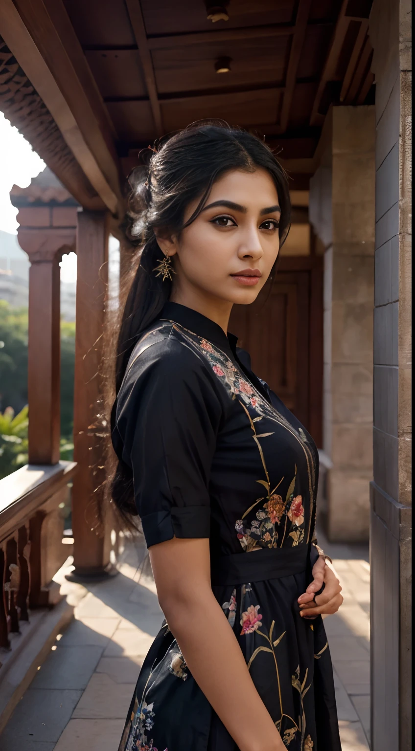 ultra-realistic photographs,Indian Instagram female model,mid 20s,9:16,mid-shot,beautiful detailed eyes,detailed lips,longeyelashes,black bun hair, naturally full eyebrows,perfectly formed nose,expressive face,attractive appearance,confident and elegant posture,graceful movement,vibrant and colorful kurta dress, floral patterns, temple background, serene atmosphere,stunning architecture,soft and natural lighting,vivid colors,photorealistic,HDR,highres,studio lighting,ultra-detailed,bokeh,fully covered clothes