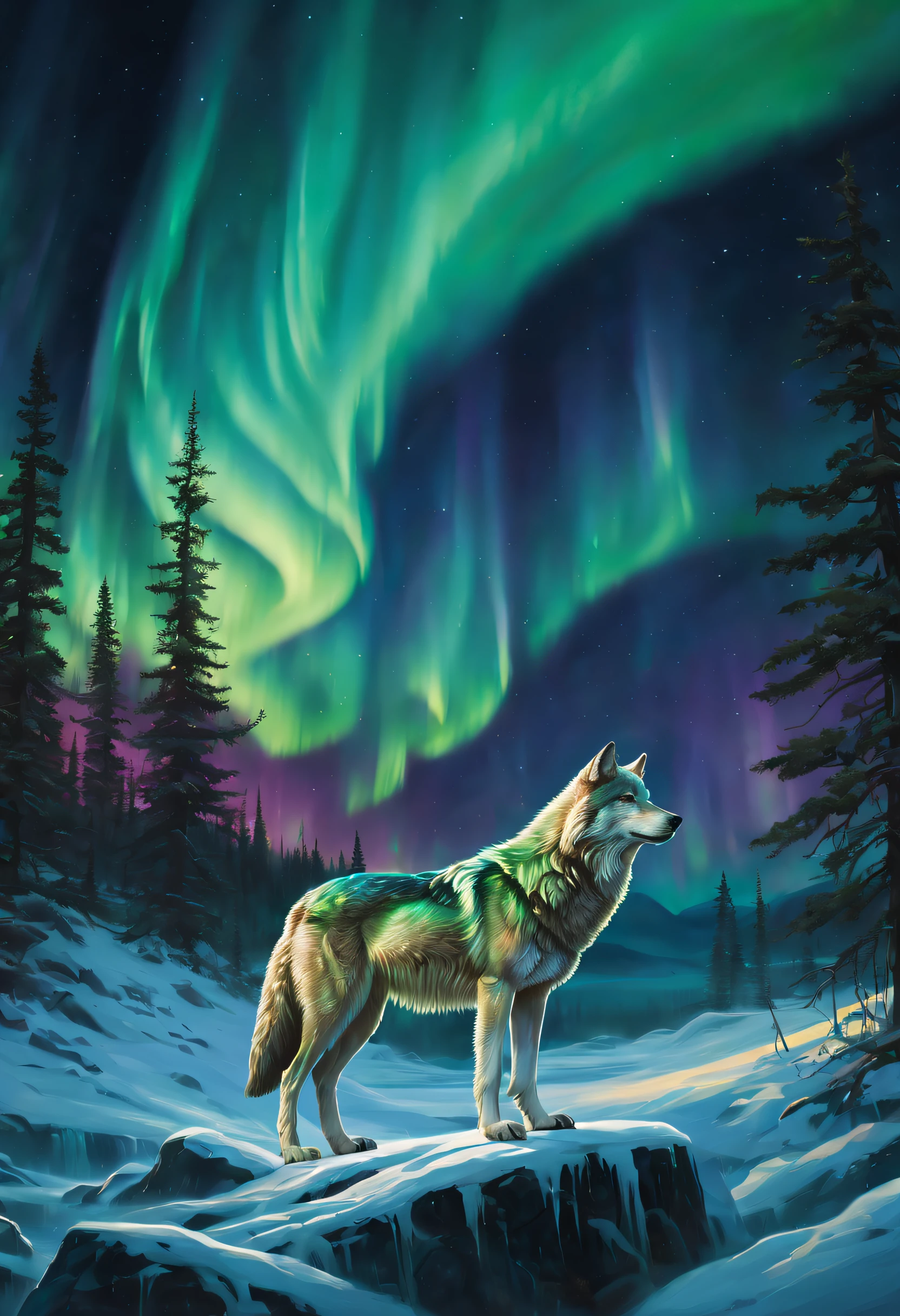 (bathed in frigid northern lights,a tranquil night,in the depths of the coldest lands),(mesmerizing aurora borealis illuminating the dark sky,like ribbons of color intertwined in the air),(mysterious radiance enveloping the entire landscape in gentle hues),(the distant silhouette of towering mountains, pristine snow-capped peaks shimmering in the reflection of the aurora),(a serene lake, mirroring the enchanting colors of the northern lights),(in this beautiful night, a lone wolf standing on a rock, gazing at the sky, seemingly sensing the mystical power of the universe),(medium: oil painting),(realistic, high quality, ultra-detailed),(vivid colors, vivid brushstrokes),(subtle changes in light and shadow),(capturing the ephemeral beauty of nature in its purest form),(melancholic atmosphere blended with awe-inspiring wonder),(sharp focus on the intricate details of the wolf's fur and piercing eyes),(the wolf's eyes shining bright, reflecting the captivating glow of the aurora),(subtle shades of blue and green, accentuating the ethereal nature of the scene),(soft glow of moonlight casting a gentle illumination on the landscape),(best quality, 4k, high-res, masterpiece:1.2), HDR, studio lighting),(creating a sense of depth and dimension in the painting),(transforming the canvas into a portal to a magical world),(intricate brushwork bringing the scene to life),(conveying the sense of stillness and serenity in the night),(an otherworldly experience, where reality merges with the sublime).