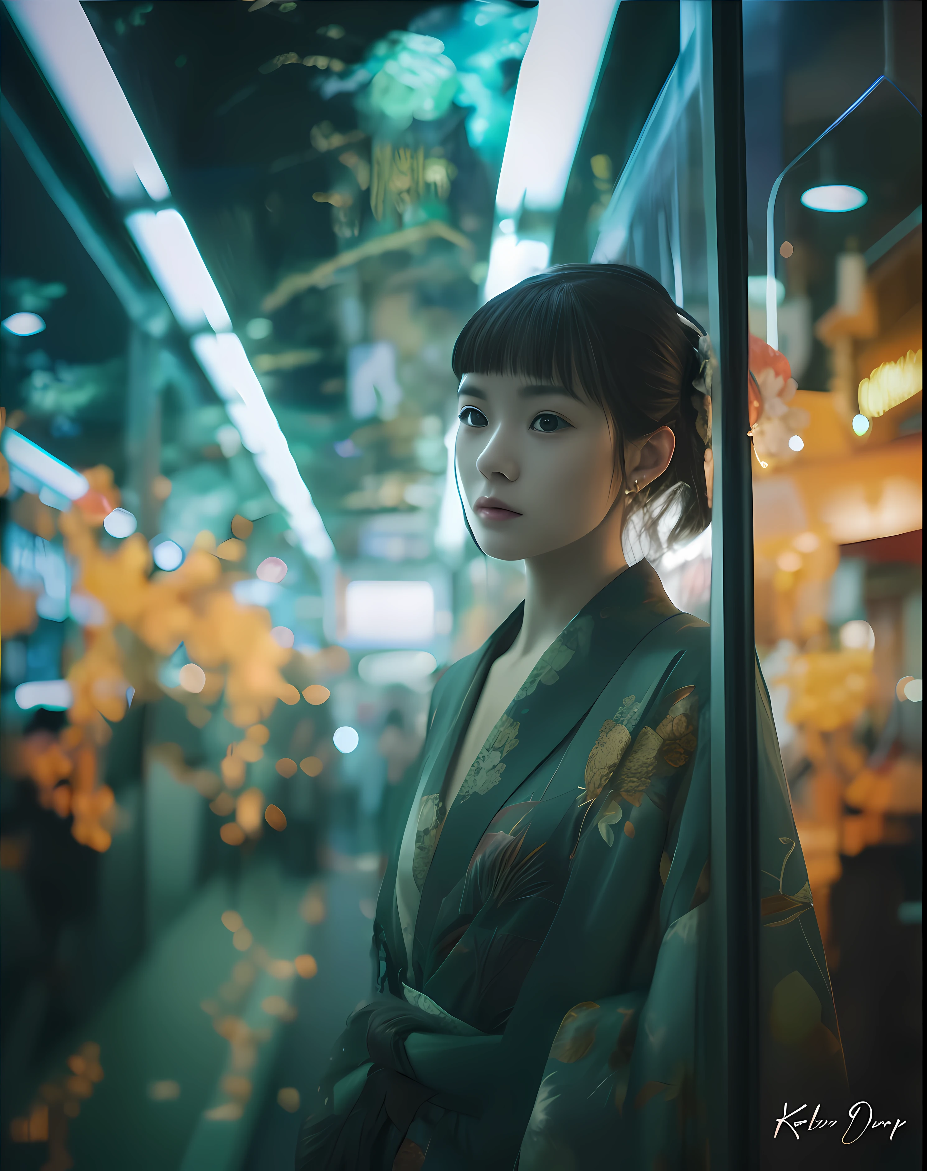 imagem arafiada de uma mulher de quimono parada no metrô, cinematic. por Leng Jun, estilo anime misturado com fujifilm, Menina chinesa, por Leng Mei, lofi portoRait at a window, por Zhang Han, garota cyberpunk sonhadora, lofi portoRait, gueixa ciberpunk, by Fei Danxu, obras de arte no estilo de guweiz