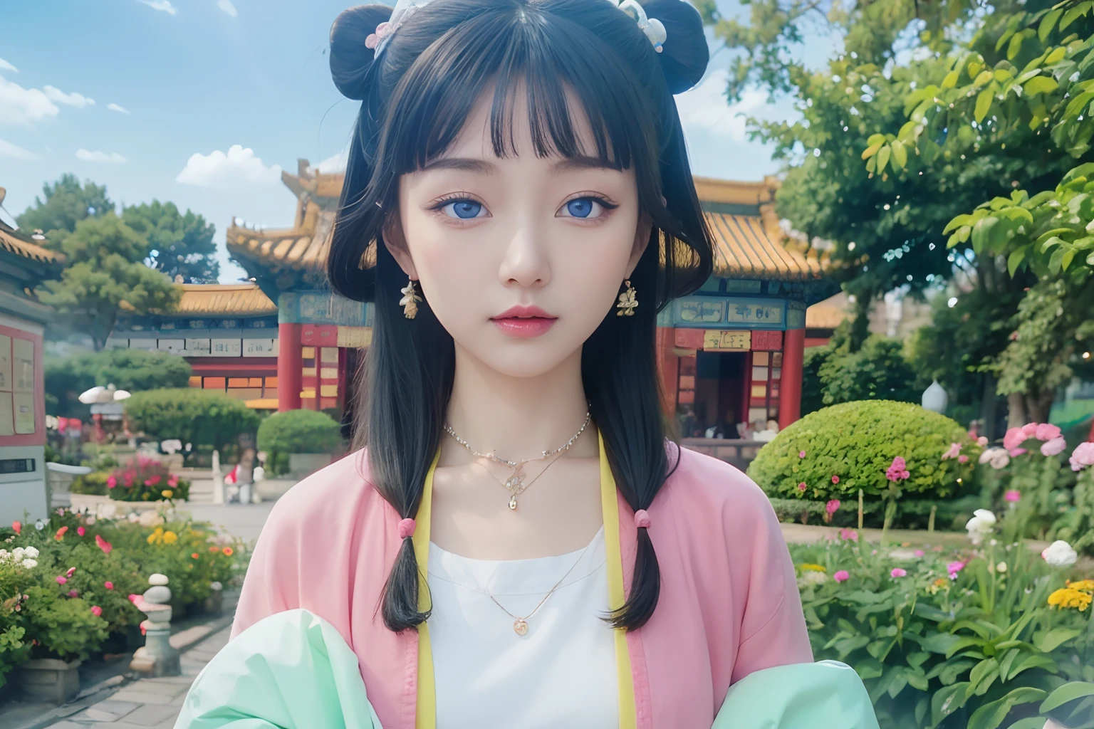 top-quality, 8K, ultra-detailliert, Photorealsitic, 1girll, Maomao, Pink outerwear, Blue eyes, Green hair, Yellow hair ornament in the hair, Pink eyeshadow at the corners of the eyes, up of face, (Light pink lips:1.2), (White Stall:1.3), (Chinese Style Necklace:1.3), The jacket is made of kimono fabric, (Blue eyes:1.5)