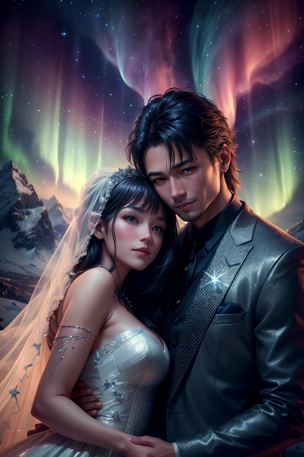 ((Best quality, A high resolution, Masterpiece:1.2)), (romantic), (newlyweds:1),(Happy smile),Delicate facial features, Clear facial features, Optimized details,(Stargazing at the top of the mountain), (Spectacular Northern Lights), (Wedding dress), (suit), (glittering stars:1.5), romantic couple photo, cinematic Film still from, ,Best quality,Ultra-high resolution,high resolution,Detailed,RAW photo,Sharp,Rich colors, Ultra-realistic realistic textures, Dramatic lighting, It was a hit on Unreal Engine's ArtStation Cinestill 800,