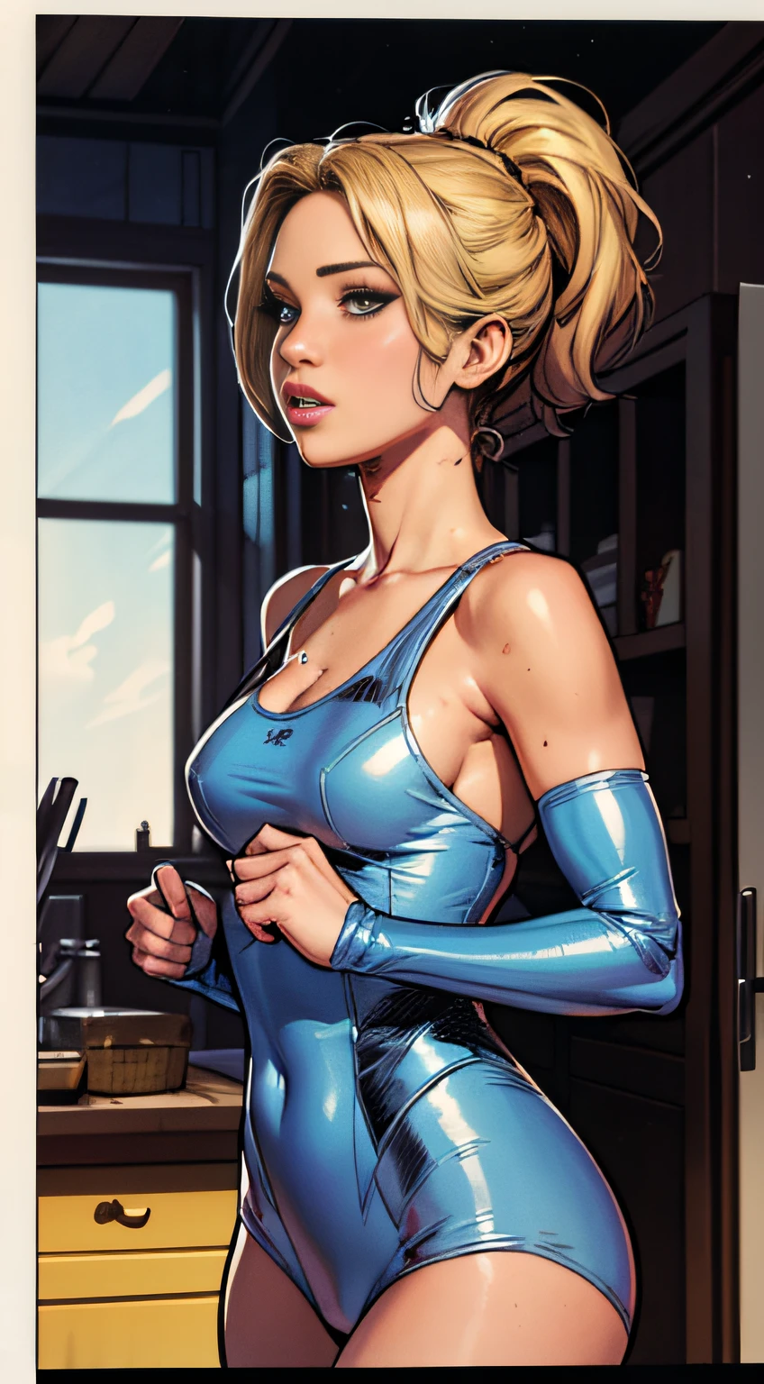 A woman in a blue latex outfit standing in a kitchen - SeaArt AI