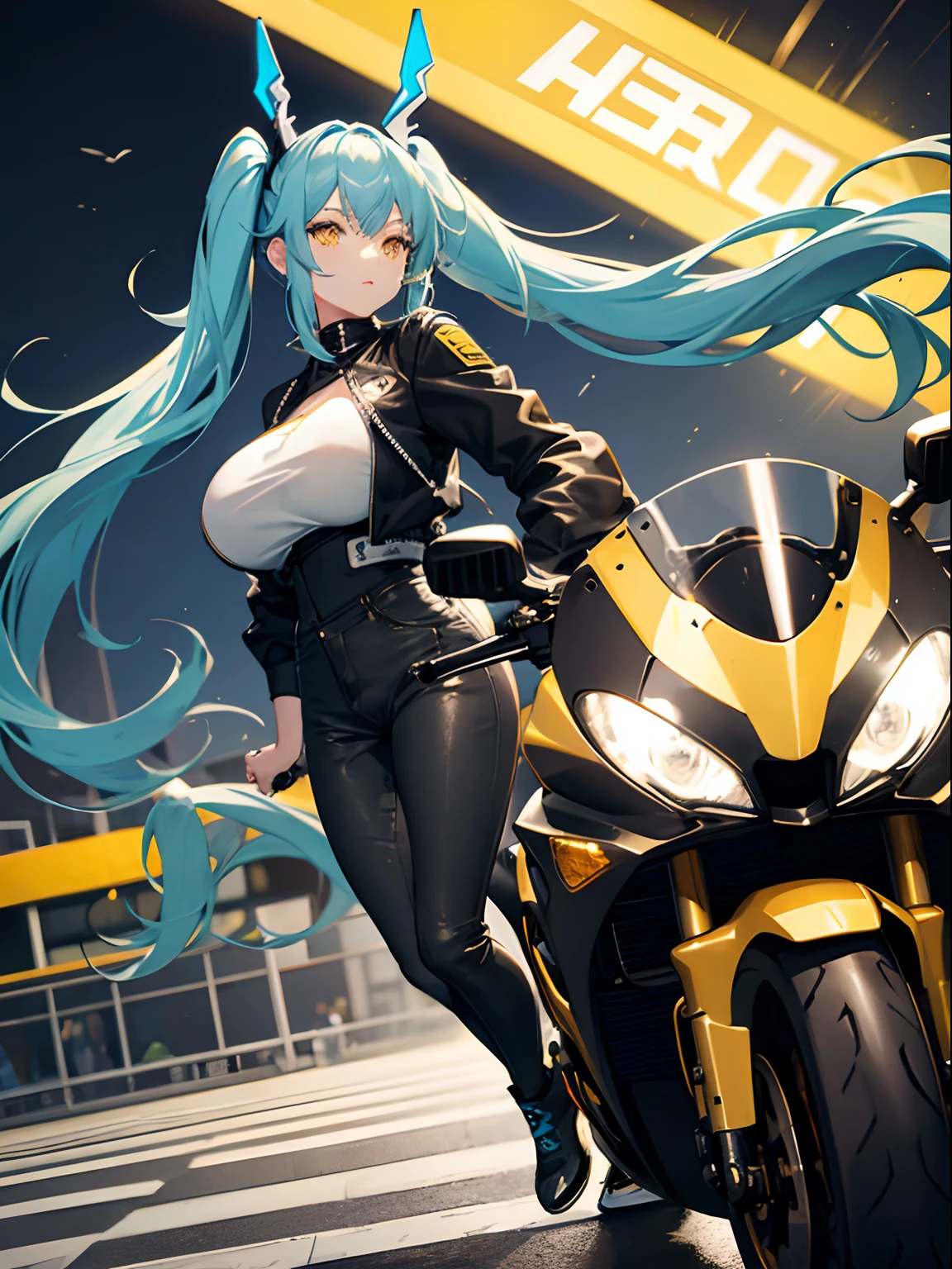 Anime girl with blue hair and black leather outfit standing next to a  motorcycle - SeaArt AI