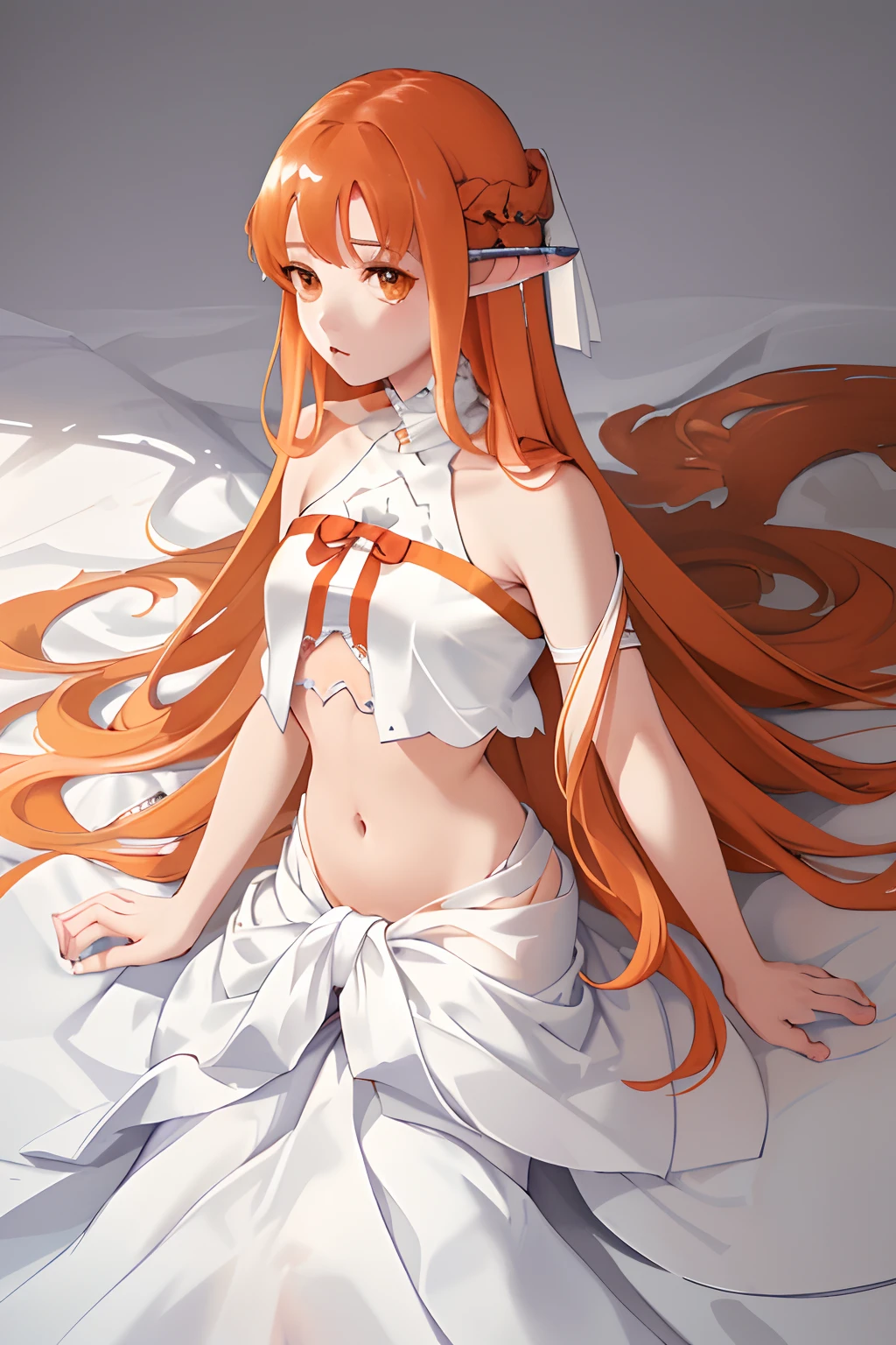 masterpiece, best quality, white dress, crop top, white fabric armlet, detached sleeves, (bare arms:1.1), navel, midriff, bare shoulders, red ribbon, pointy ears, ear cover, orange hair, brown eyes,