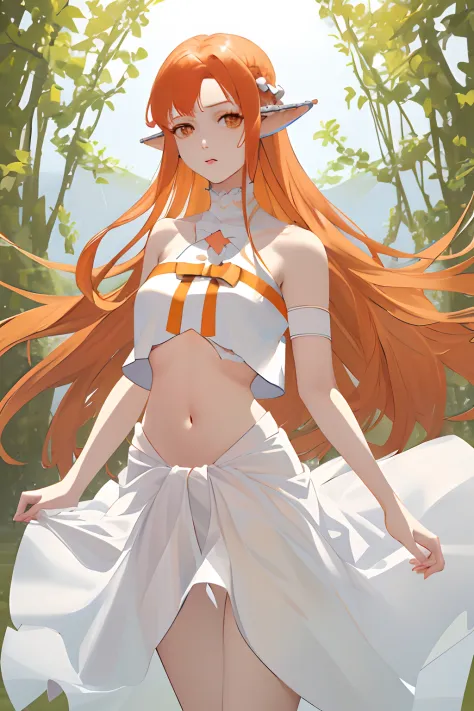 masterpiece, best quality, white dress, crop top, white fabric armlet, detached sleeves, (bare arms:1.1), navel, midriff, bare shoulders, red ribbon, pointy ears, ear cover, orange hair, brown eyes,