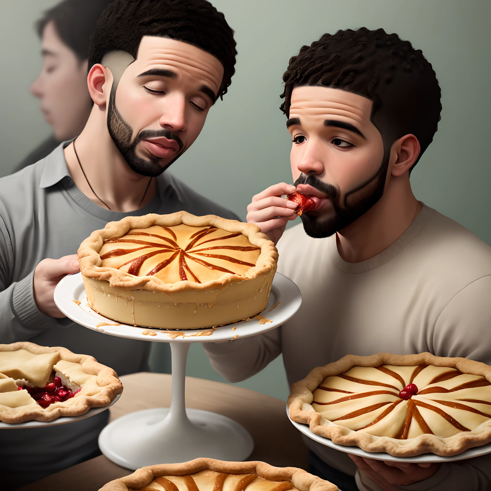 Há dois homens comendo tortas e um deles comendo um pedaço - SeaArt AI