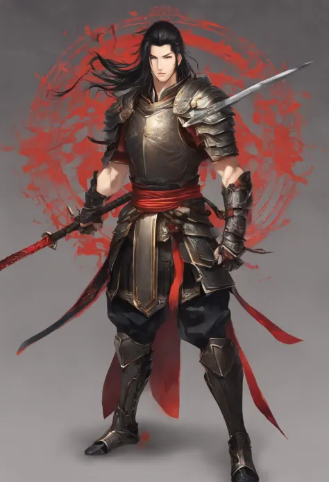 Draw a picture，figure portrait，Medieval mercenaries in Western cities，Red and white armor，Red-white tones，Leather armor，校服，full armour，Brush cut，Giso,Overhead position,A man with a beard on his face。His thick black hair and yellow complexion show his orien...