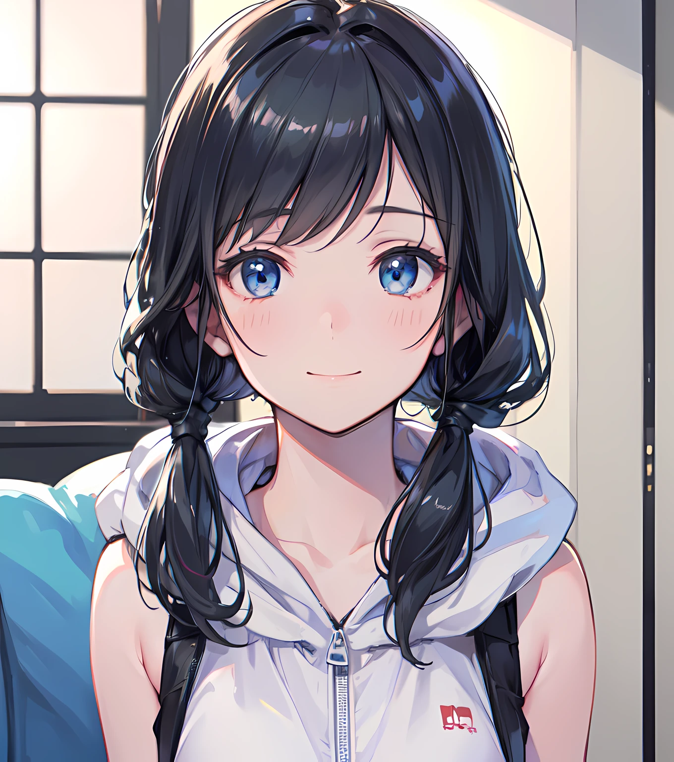 (best quality,4k,8k,highres,masterpiece:1.2),ultra-detailed,(realistic,photorealistic,photo-realistic:1.37),best shadow, best illustration, best light, hina amano, black hair, blue eyes, long hair, low twintails, twintails, smile, happy, blush, surprised, hood, hood down, hooded vest, hoodie, short shorts, shorts, sleeveless, vest, white footwear, white vest, upper body, indoors, close up