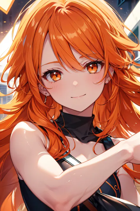 best quality, high resolution, ultra-detailed, accurately portrayed light reflection, detailed beautiful face, detailed smiling face, detailed orange hair, solo, dynamic pose, orange effect, portraits