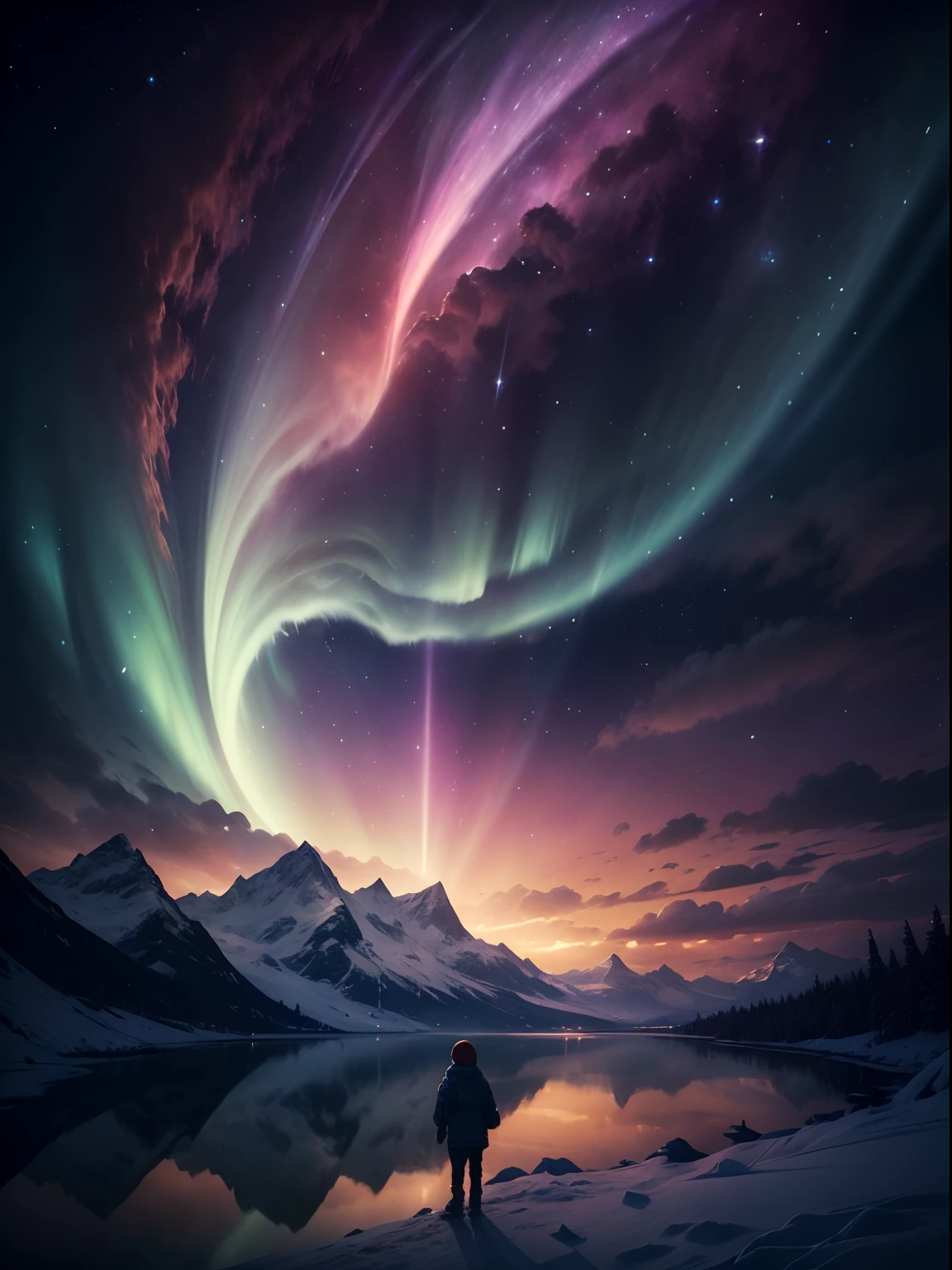 ((melhor qualidade, A Alta resolução, obra de arte:1.2))Auroras de gelo e neve,Traçado de raio,lago,​​nuvens,estrelas,a lua,(Garotinho fofo),anime peito grande,Olhos limpos,cinzas,corte de cabelo de comprimento médio,perfeição impecável,Uma obra-prima perfeita,Melhor Pintura,melhor qualidade,resolução ultra-alta,Alta resolução,detalhado,Foto CRU,afiado,cores ricas, Texturas realistas ultra-realistas, iluminação dramática, Foi um grande sucesso no ArtStation Cinestill 800 da Unreal Engine,