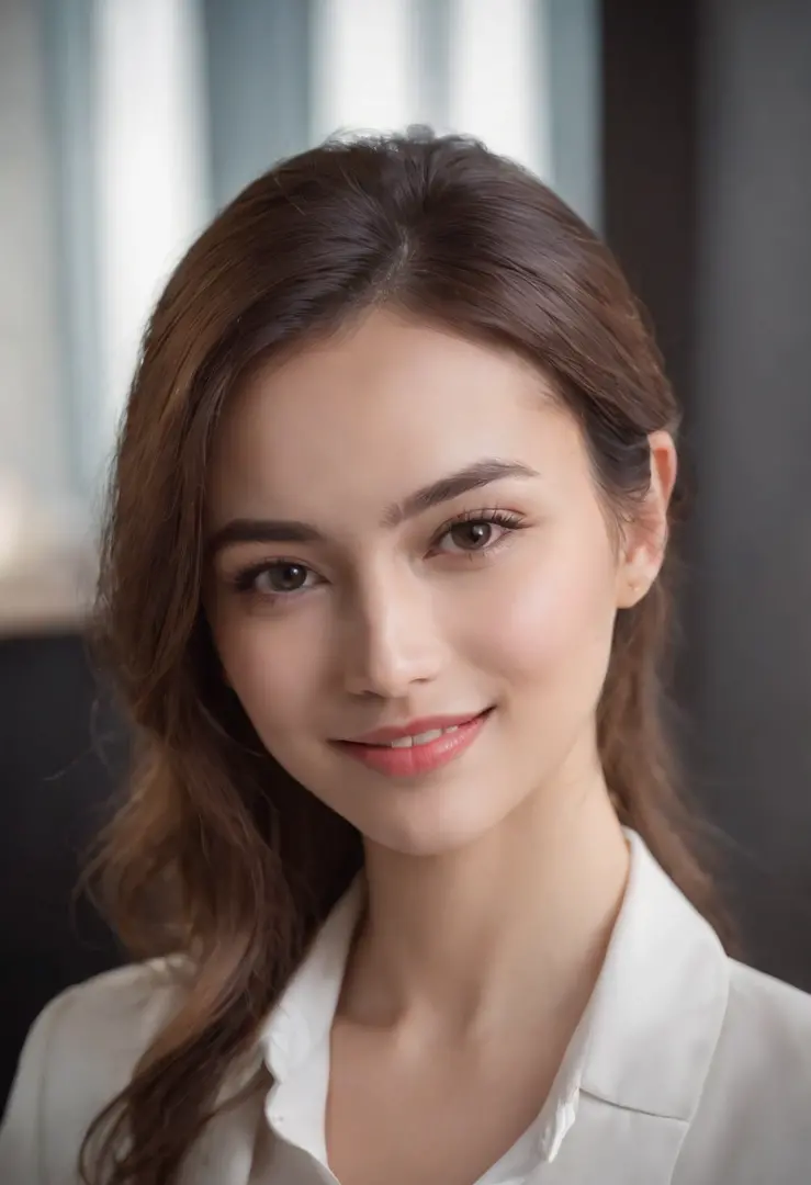 Cinematic portrait, Upper body, Smiling, Facing the audience, (reality :1.3), A woman looks at the camera, Put on an office career suit, Detailed beautiful face, Action shooting, office backdrop, The character is centered，Realistic photos, Art Station