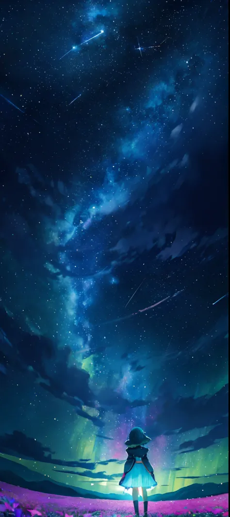 1girl, distant girl, wearing a teal dress armor, with a rainbow colored hair, staring at the stars, (zoomed out:1.1), (meteor shower:1.2), (comet:1.1), low angle, from behind, aurora borealis, shooting star, surrounded by flowers petals, standing in a fiel...