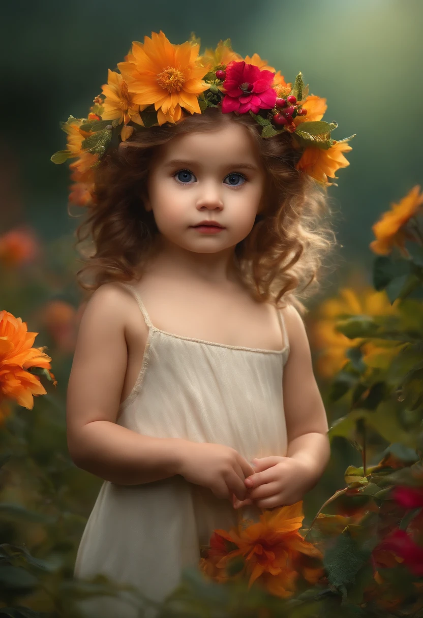 A close up of a child wearing a flower crown in a field of flowers ...