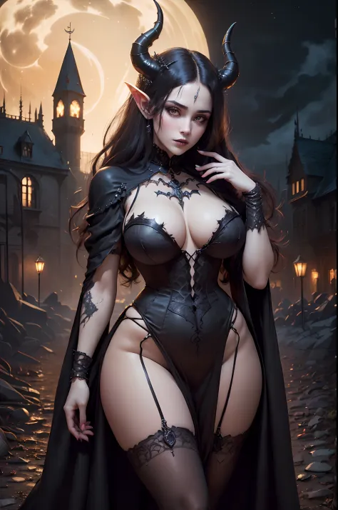 3/4 portrait, (a beautiful young woman as Goddess of lust:1.25), (gothic black long gown:1.5), (demoness with Large horns:1.25), (1 super sexy succubus with flayed skin:1.5), (((empty fantasy dark castle in the background, night time))), fantasy art, high ...