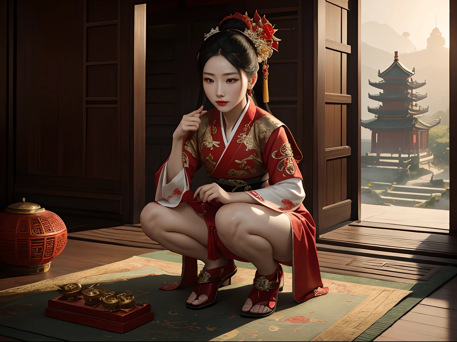 Broken temple，nigth，Fire，Woman with red lipstick,Red Hanfu，fit legs，squatting on the ground ,full bodyesbian，inspired by Luo Mu, inspired by Yao Tingmei, 张曼玉, Traditional beauty, Inspired by Huang Ji, inspired by Li Mei-shu, inspired by Park Hua, Inspired by Lan Ying, inspired by Lü Ji, tang dynasty,Masterpiece,Best quality,High detail