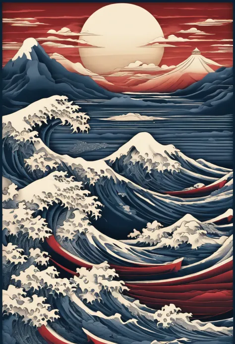 Katsushika Hokusai's Japanese depiction of a very turbulent sea with massive waves. The background s shows a beautiful dark night over a illuminated village. The colors are red and yellow
