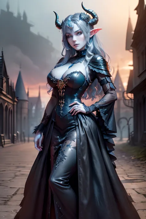 3/4 portrait, (a beautiful young woman as Goddess of lust:1.25), (gothic black long gown:1.5), (demoness with Large horns:1.25), (1 super sexy succubus with blue-greyish skin:1.5), (((empty fantasy dark castle in the background, golden time))), fantasy art...