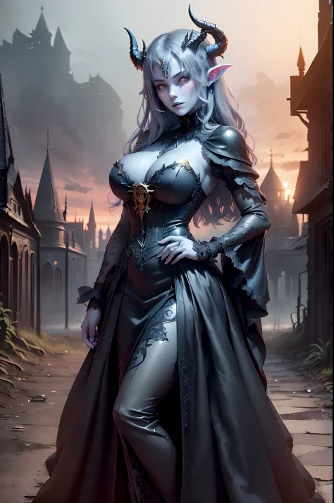 3/4 portrait, (a beautiful young woman as Goddess of lust:1.25), (gothic black long gown:1.5), (demoness with Large horns:1.25), (1 super sexy succubus with blue-greyish skin:1.5), (((empty fantasy dark castle in the background, golden time))), fantasy art...