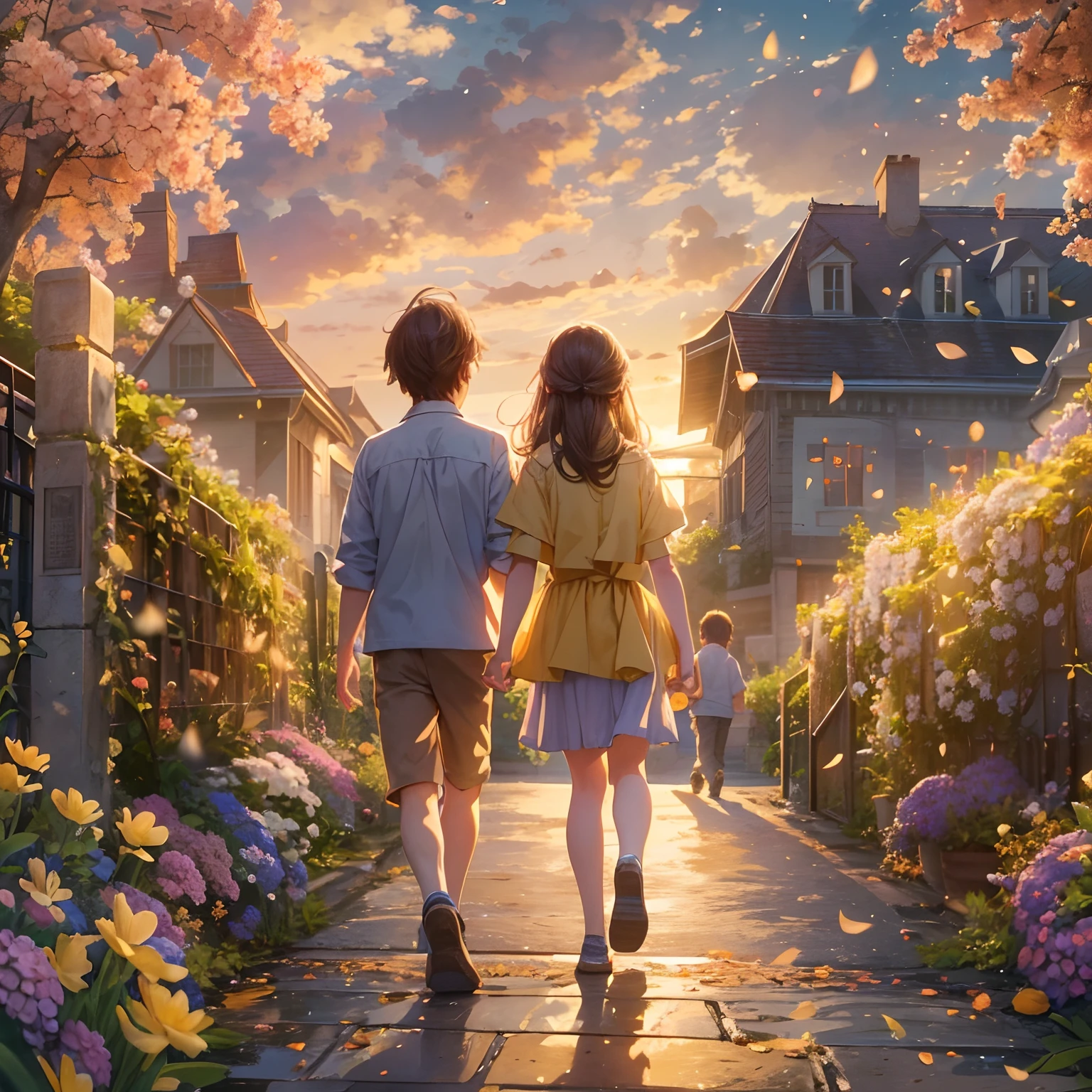 exquisitedetails, Highest quality 8K resolution, Ultra-detailed, Realistic, Vibrant colors, Soft tones, With warm and gentle lighting.(Rear view of a boy and a girl:1.2),(Boy and girl walk hand in hand:1.2),Garden Girl, Holding hands with someone, With an overflowing soft and gentle feeling, Multiple Corner Turns, Connect with someone, Visible emotions and specific emotions, I want to believe, Use illustrations,Girl and boy standing on the road, Their arms wrapped tightly around each other. Long-haired beautiful girl fluttering in the wind, Eta、The boy has a charming smile on his face. The promenade is full of flowers, Create colorful reflections.The sun's rays illuminate the joy and pure love of two people, Cast a warm golden glow on their faces. Their love is like a blessing from God, Free yourself from the hassles of this world. The atmosphere is full of happiness and laughter, It's like heaven、As if celebrating the love of two people. The artwork is、Create a combination of digital illustrations and photos, Sticking to ultra-detailed depictions and vivid colors. In a style that blends romanticism and realism、You can feel the depth of their love. The color palette consists of soft pastel tones, Create an ethereal atmosphere like a dream. and the lighting is soft and diffused, Cast a gentle light on their faces,、The warmth of the hug increases. The artwork is a masterpiece, Meticulously crafted to capture the essence of their unbreakable bond.