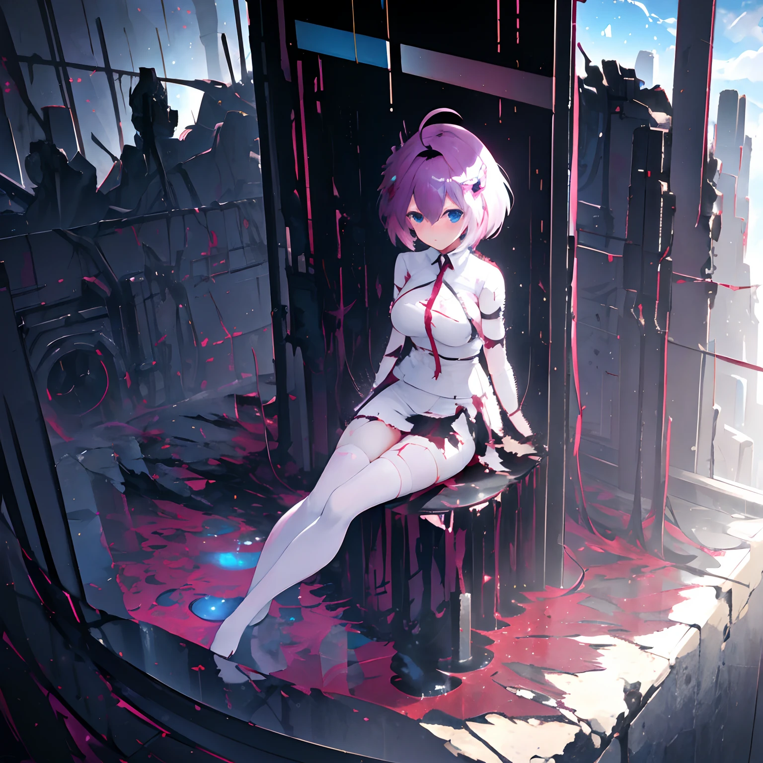 1 girl, solo, Takane_Lui, aberrant colours, tattered and torn white uniform, pencil skirt, partially naked, torn glossy black pantyhose, cool legwear, flamy pink hair, hair between eyes, short hair, sidebangs, ahoge, sparkling blue eyes, hateful expression, sitting on ruins, alien-like marble ruins in background