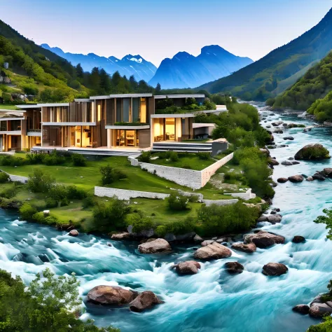 High definition raw photo, Realistic architecture, Modern mansion, Building at hill, surrounded by mountains,beautiful river