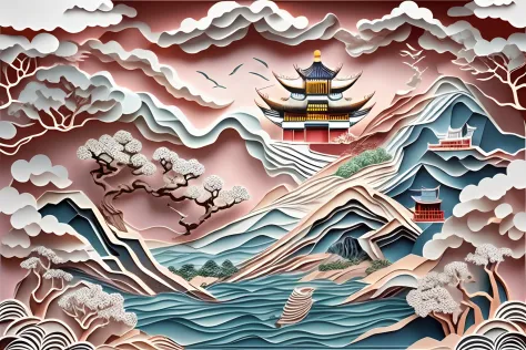 paper cut out，Chinese Garden，mountain water，Sea of clouds，16k, Best quality, Masterpiece, UHD resolution, Reasonable composition