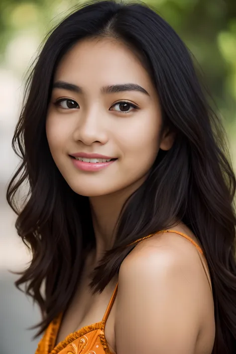 Javanese girl, 18 years old, (masterpiece), Javanese skin tone, best quality, expressive eyes, perfect face, (ultra realistic), (Orange Formal Suit), Smile, Long Black Hair, innocent face, natural wavy hair, brown eyes, High resolution, masterpiece, Best q...