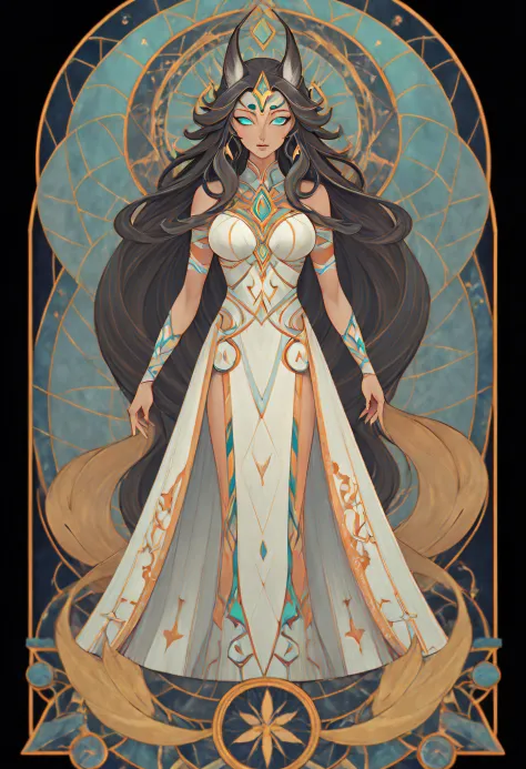 1girll, wolf women, Full body standing painting, (((独奏))), Clear facial features, Simple line design, ((tarot card background, s...