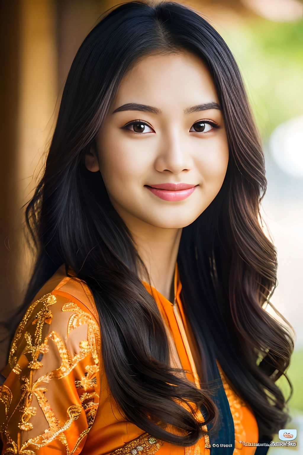 Javanese girl, 18 years old, (masterpiece), Javanese skin tone, best quality, expressive eyes, perfect face, (ultra realistic), (Orange Formal Suit), Smile, Long Black Hair, innocent face, natural wavy hair, brown eyes, High resolution, masterpiece, Best quality, intricate high detail, highly detailed, focus sharp focus, detailed skin, realistic skin texture, texture, detailed eyes, professional, 4K, charming smile, filmed on Canon, 85 mm, shallow depth of field, Kodak Vision Color, perfect fit body, Extremely detailed, photograph_\(ultra\ ), photoreallistic, Realstic, Post-processing, Maximum details, roughness, real life, ultra realist, photorealism, photography, 8K UHD, photography