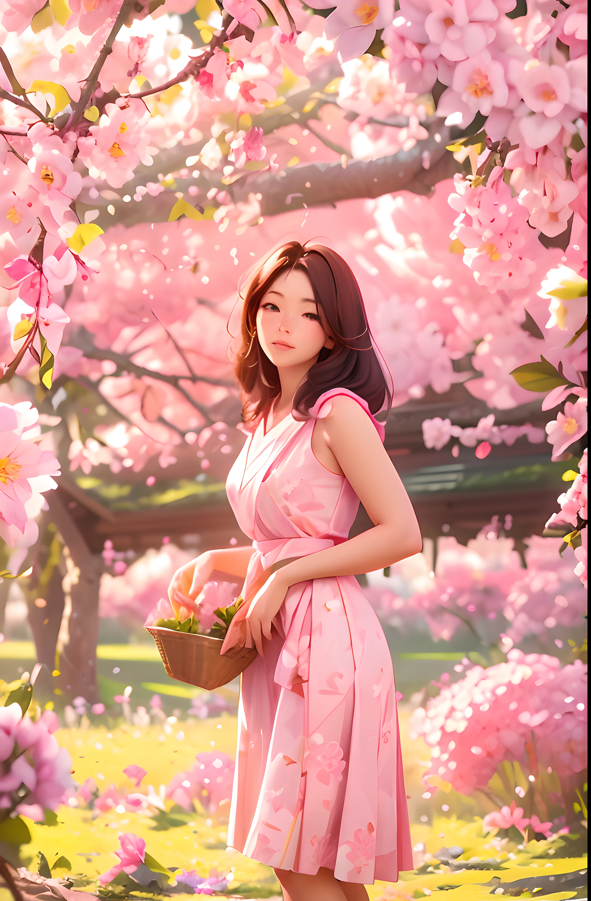 Eine schöne 30-jährige Bäuerin pflückt Sakura-Blüten, Stehende Haltung, trägt einen rosa und weißen japanischen Flock, weibliche Form, Viele Sakura-Blüten auf Zweigen, Morgenlicht