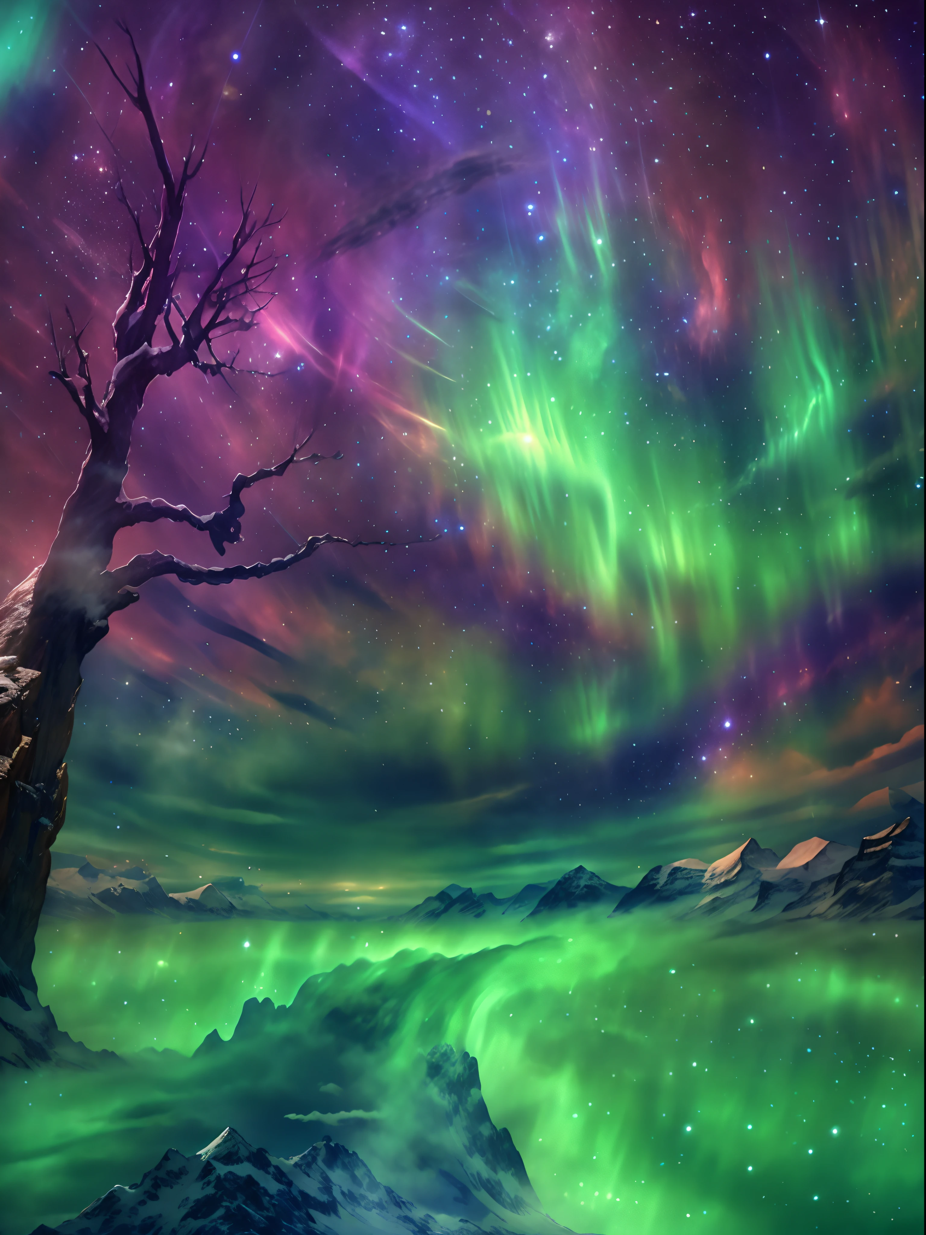 A encantadora aurora boreal dança no céu noturno, Como uma harpa，paisagem:0.7, A beleza dos corpos celestes:0.6, Fenômenos naturais:0.5, etéreo