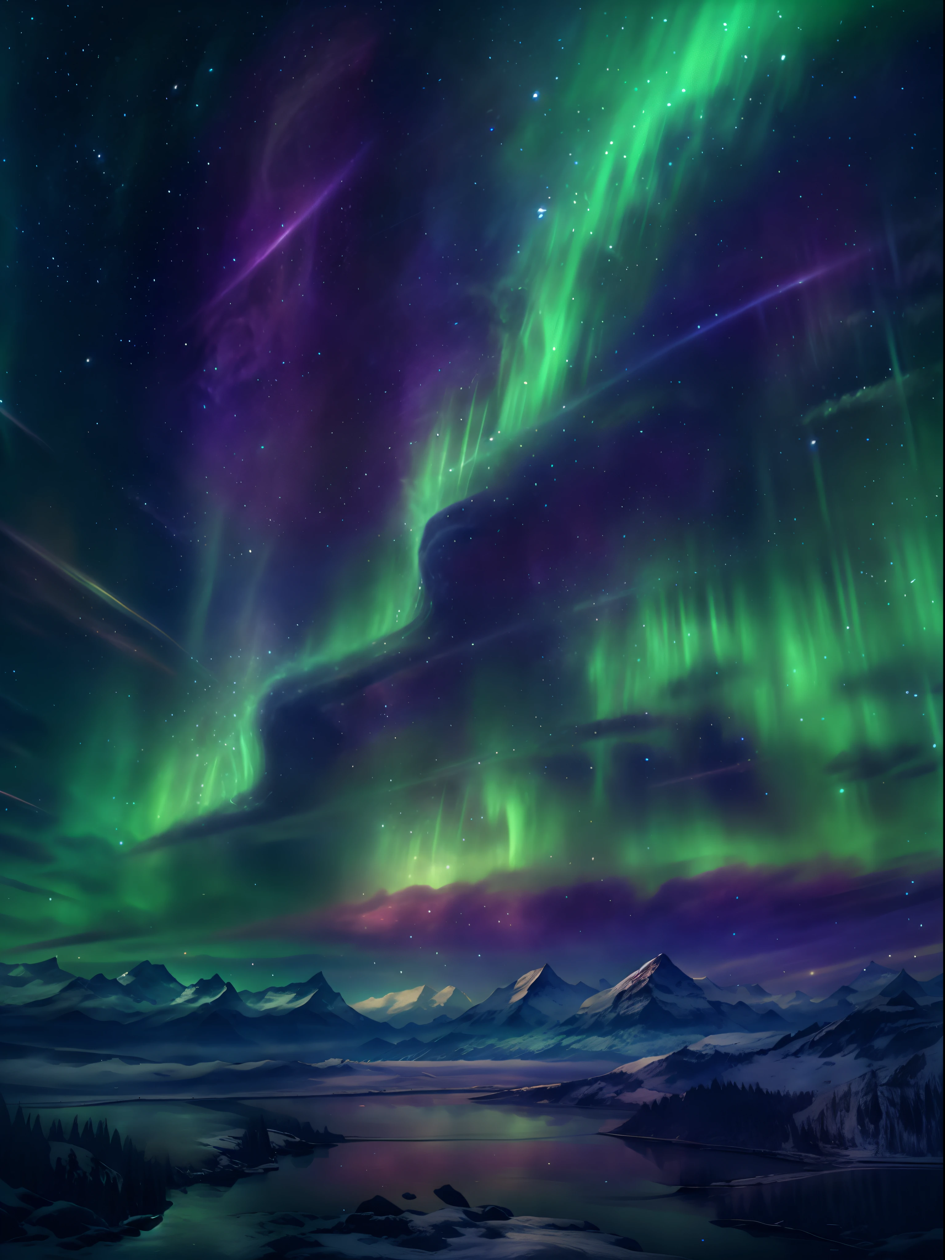A encantadora aurora boreal dança no céu noturno, Como uma harpa，paisagem:0.7, A beleza dos corpos celestes:0.6, Fenômenos naturais:0.5, etéreo