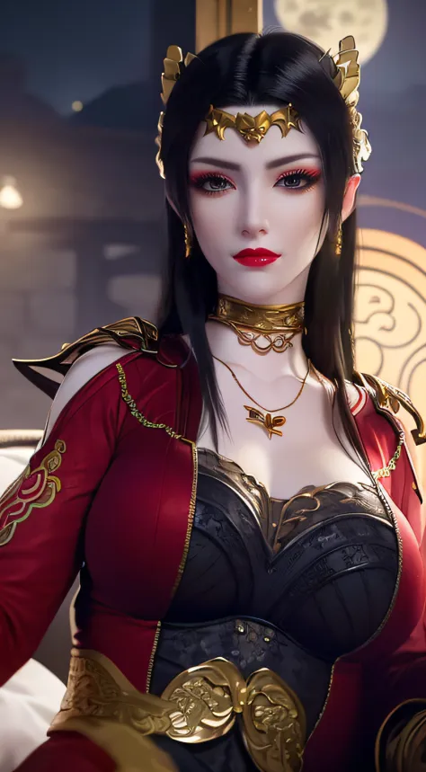 1 Extremely beautiful queen, ((Wear a traditional Hanfu in red，With a thin black pattern:1.6)), (((patterns on clothes:1.6))), ((Long black hair:1.6)), Jewelry crafted from gemstones and beautiful hair, ((Wear a 24K gold lace necklace:1.4))), Noble, The no...