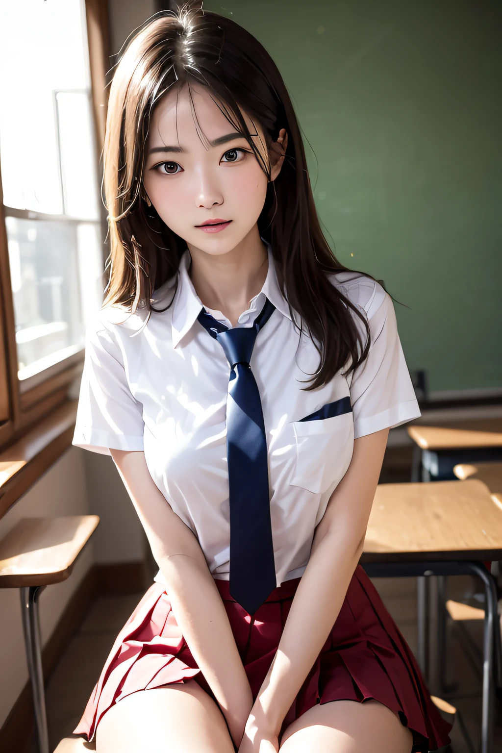 (masutepiece, Best Quality:1.2), 8K, sixteen years old, 85 mm, Official art, Raw photo, absurderes, White dress shirts, Pretty Face, low angle shot、close up, Upper body, violaceaess, gardeniass, Beautiful Girl, , (Navy pleated skirt:1.1), Cinch West, thighs thighs thighs thighs, Short sleeve, ‎Classroom, Gravure Pose, Looking at Viewer, No makeup,ssmile, Film grain, chromatic abberation, Sharp Focus, face lights, clear lighting, Teen, Detailed face, Bokeh background, (dark red necktie:1.1)、medium breasts⁩、Skinny face