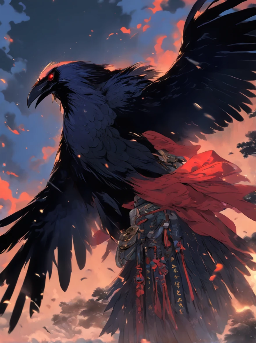 Raven Tengu, traditional japanese concept art，Chinese mythology，（Anthropomorphic crows），Black wings，nigh sky，With a spear in his hand