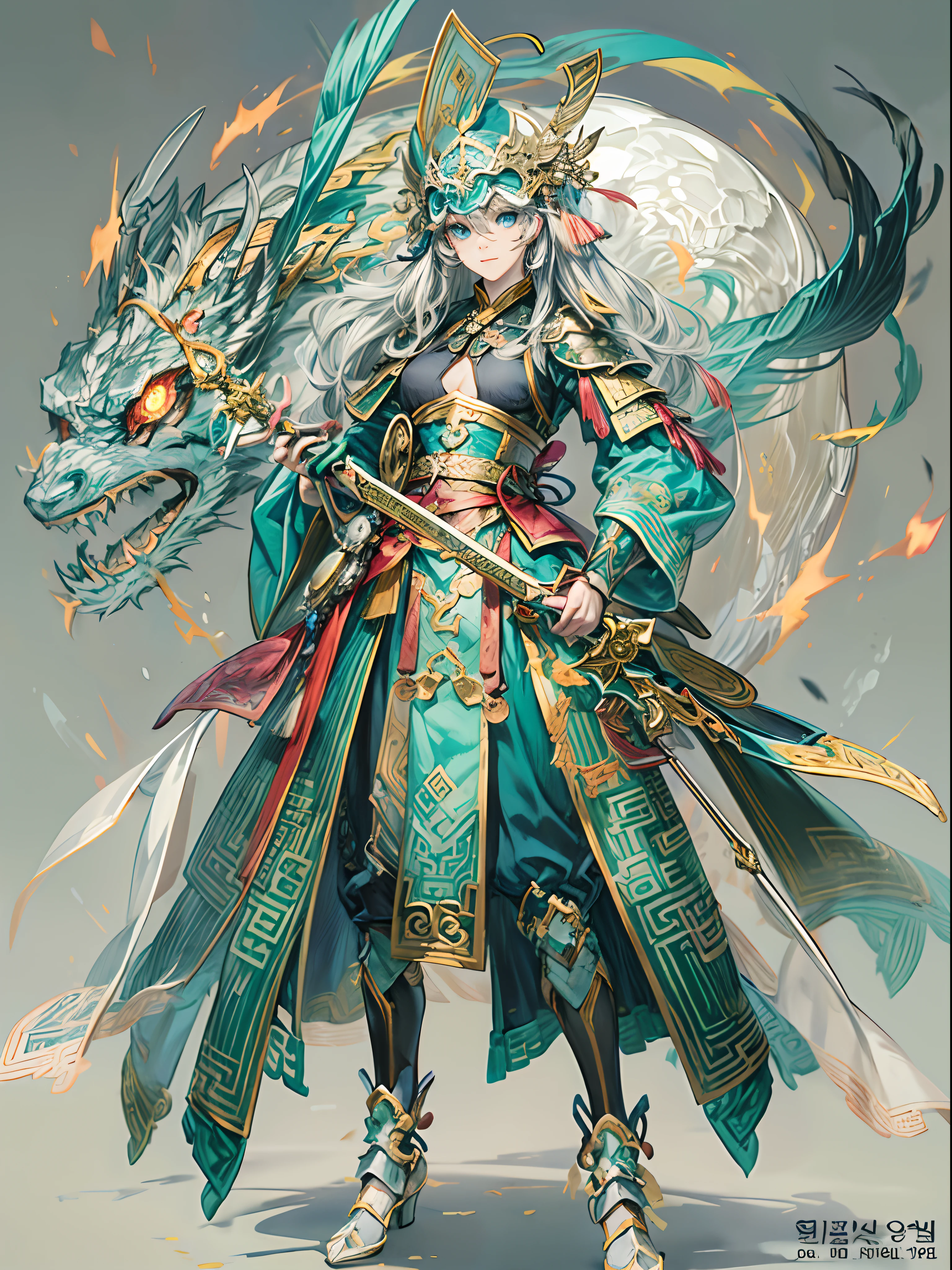 （fully body photo），1个Giant Breast Girl，Accurate and perfect Korean female face，anatomy correct，The body of the golden ratio，Delicate Chinese Ming dynasty lace dress armor，Armed belts，Made of shiny white and silver translucent glass and titanium， joyful expressions, Vibrant colors, battleground background,Ashes fall, The fire burst into the sky，Bright sunlight，Delicate ancient helmet on the head：1.2，blue color eyes：1.2，(holding a longsword，Take defensive action)，(Behind him stands a transparent Chinese dragon)，Oriental elements，Dreamy glow，（globalillumination，Ray traching，hdr，The rendering is not realistic，Rational design，high detal，tmasterpiece，best qualtiy，hyper HD，cinmatic lighting)