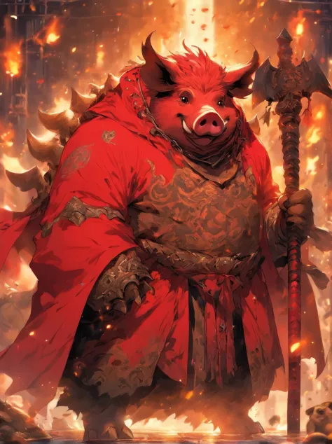 Pig demon，Pig and dog monsters，fatness，dressed in armor，Red robe，With a long axe in his hand