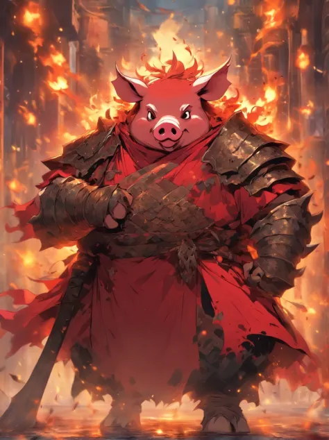 Pig demon，fatness，dressed in armor，A robe is worn over the armor，With a long axe in his hand，Fierce expression，irate