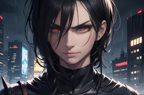 Close up of the head of a demon, redeyes, malignant stare, smirk, realistic very black hair, frowning, slightly sided view, nighttime, dark rainy city as background, highly detailed.