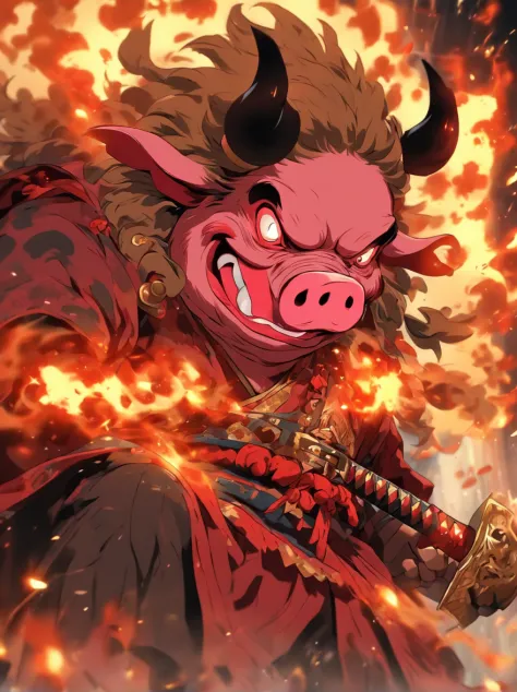 Pig demon，youkai，Burly，dressed in armor，A robe is worn over the armor，With a long axe in his hand，The expression is fierce，unholy，